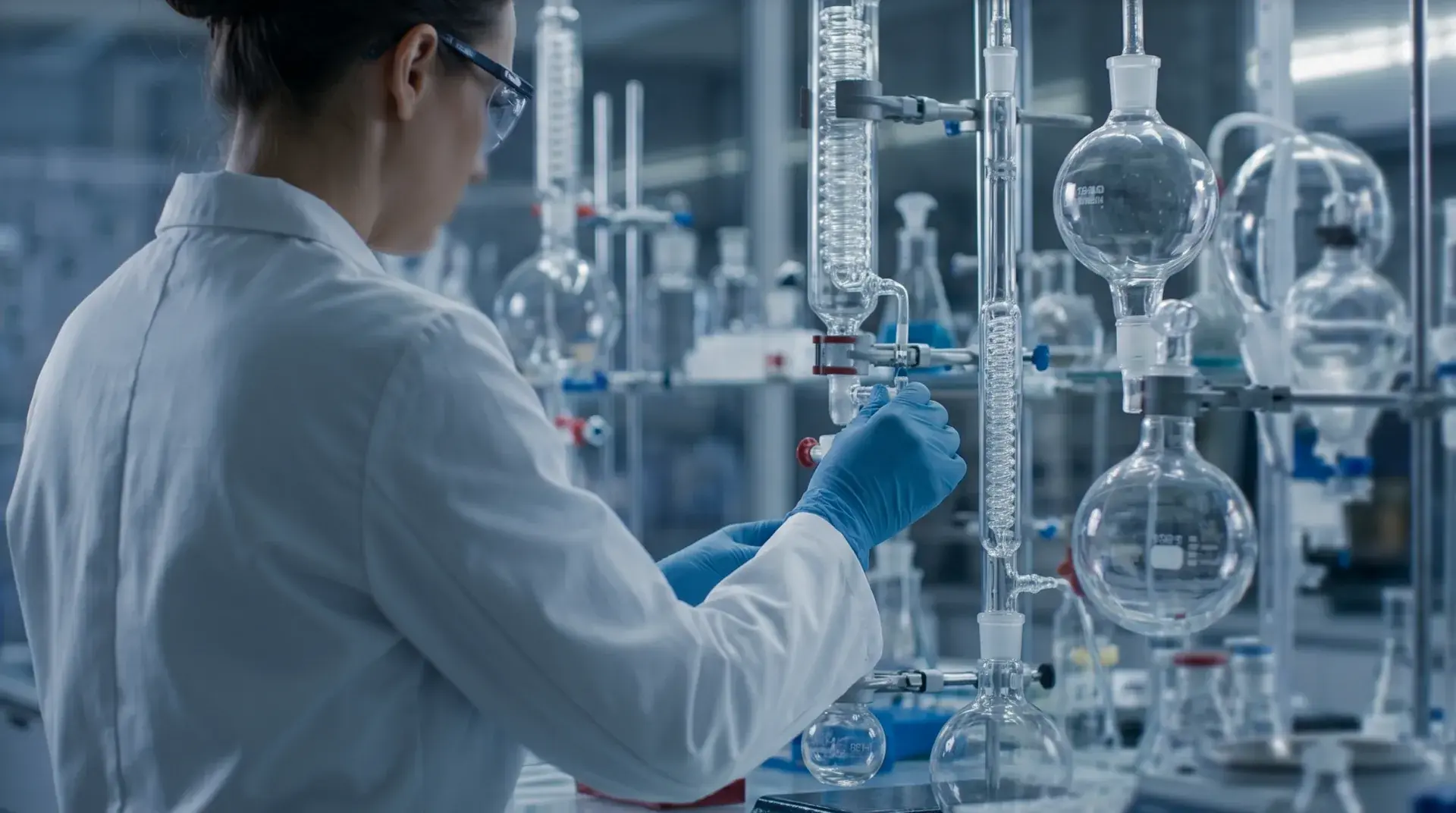 Researcher working with laboratory glassware